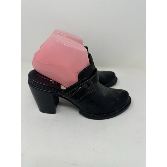 BORN CROWN CLOG BLACK/DUAL LEATHER MULE BLOCK HEEL BUCKLE CONTRAST STITCH 7/38 - Picture 1 of 6